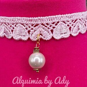 Soft pink lace choker pearl charm necklace